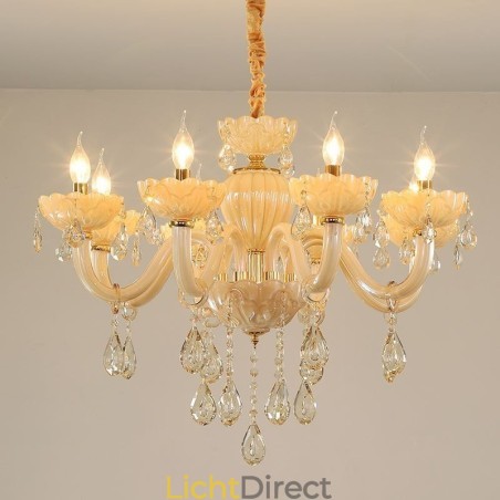 Opvallende kristallen kroonluchter Europese cognackleurige plafondlamp Glazen behuizing 8 lampen