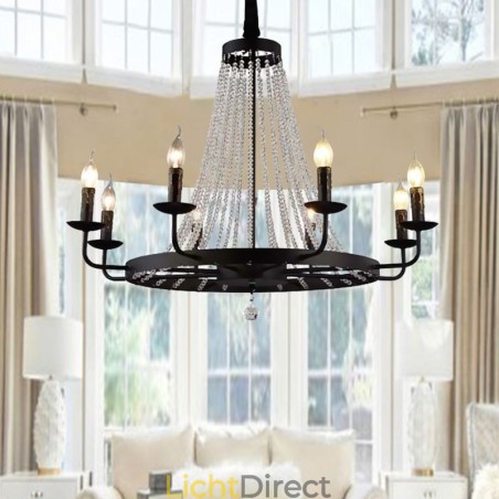 Vintage Kristallen Hanglamp Zwarte IJzeren Kaars Kroonluchter Vintage Kristallen Hanglamp Zwarte IJzeren Kaars Kroonluchter