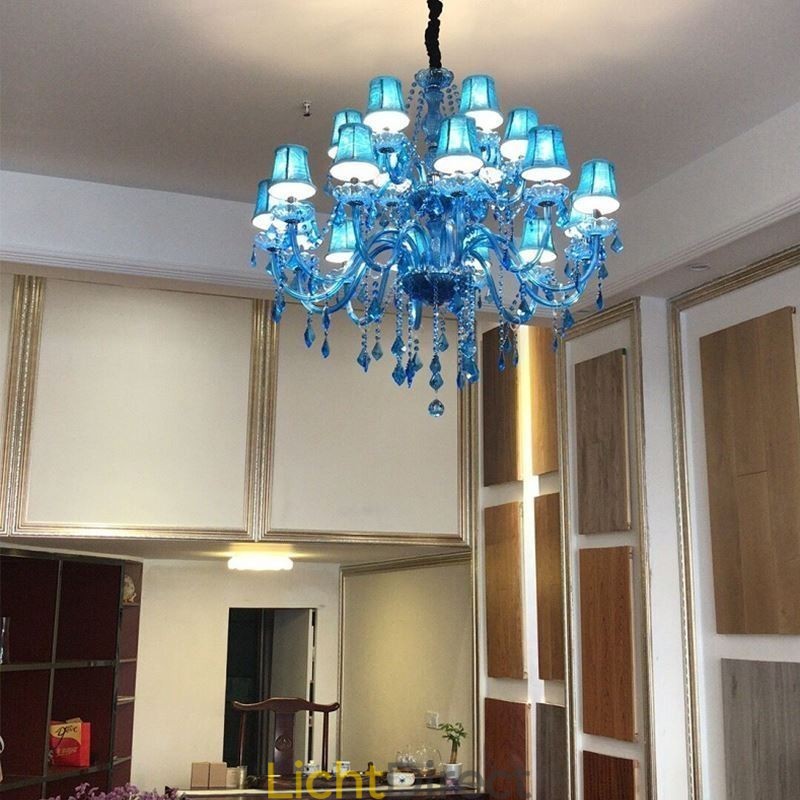 Grote kristallen kroonluchter Europese hanglamp Blauwe kleur Esthetisch