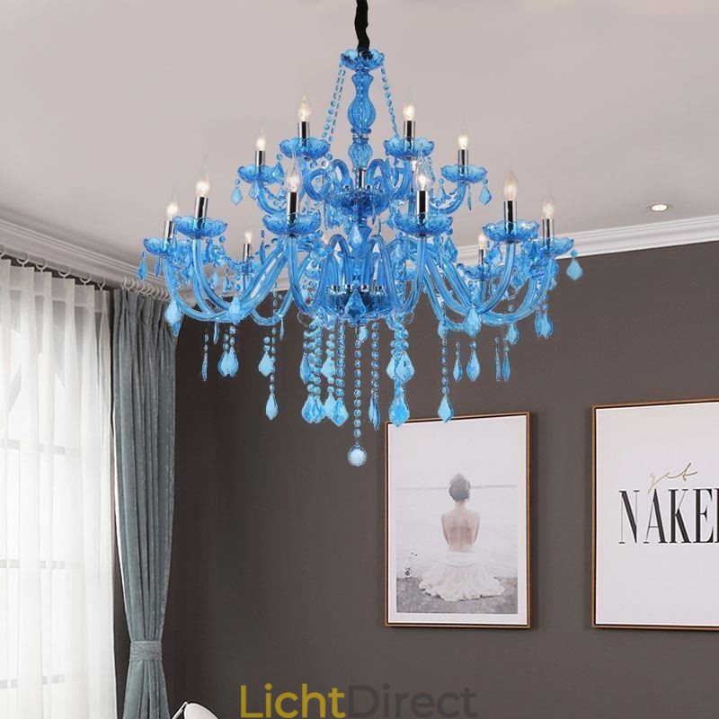 Grote kristallen kroonluchter Europese hanglamp Blauwe kleur Esthetisch
