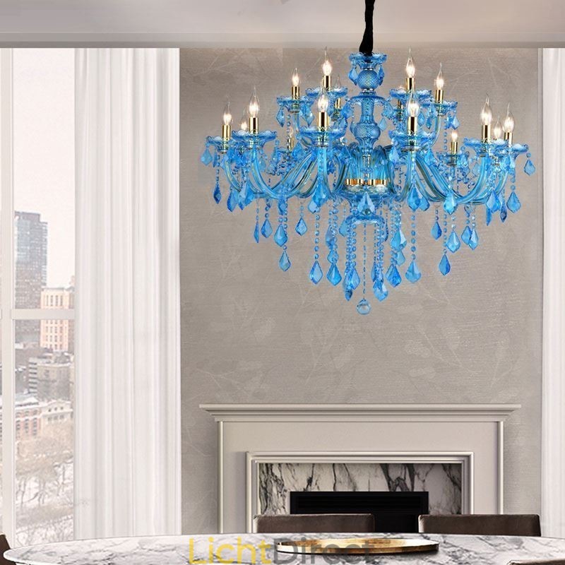 Grote blauwe kristallen kroonluchter Europese hanglamp