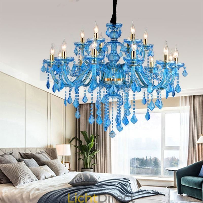 Grote blauwe kristallen kroonluchter Europese hanglamp