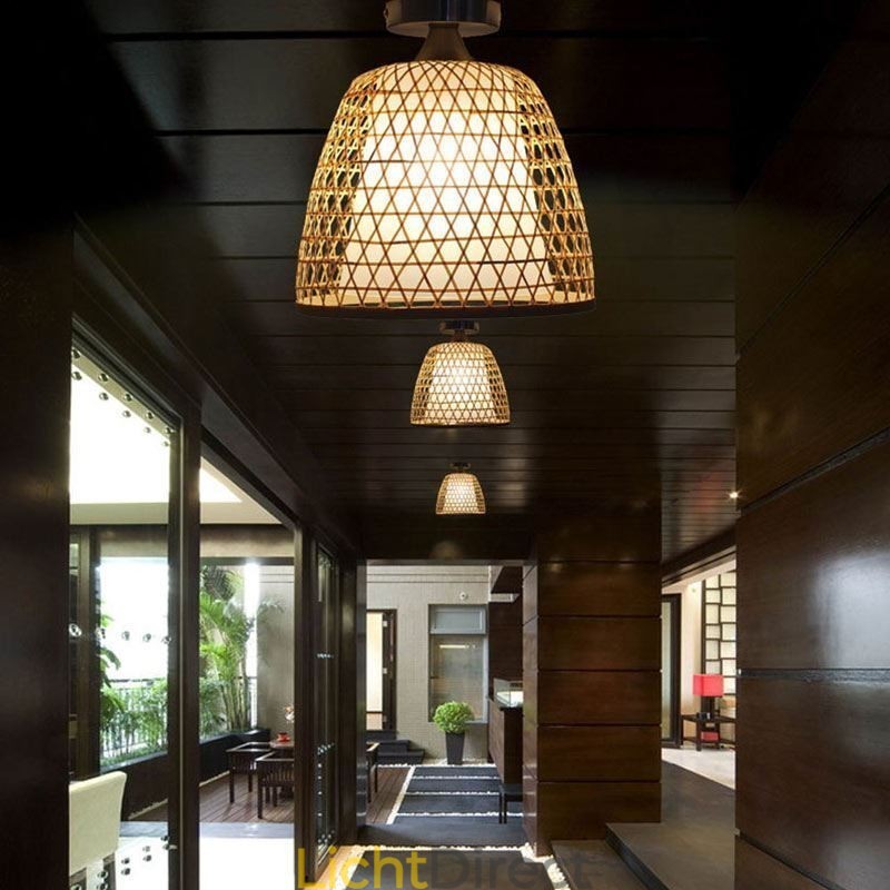 Bamboe Semi Flush Mount Creatieve Ronde Plafondlamp Vestibule Verlichting