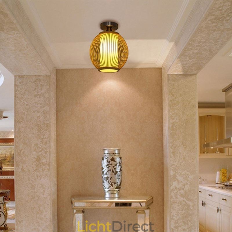 Unieke semi-flush mount creatieve ronde bamboe plafondlamp veranda verlichting