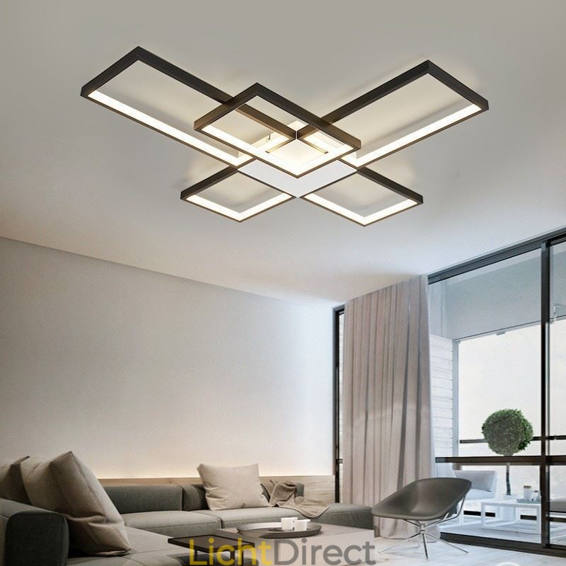 Minimalistische inbouwplafondlamp met vijf vierkante lampen, traploos dimbaar met afstandsbediening, 92W