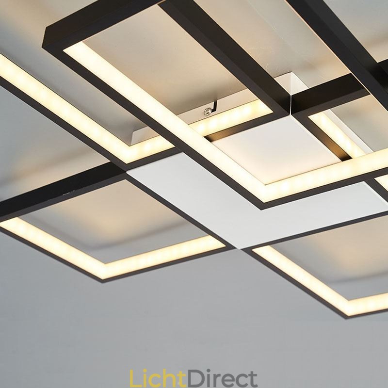 Minimalistische inbouwplafondlamp met vijf vierkante lampen, traploos dimbaar met afstandsbediening, 92W