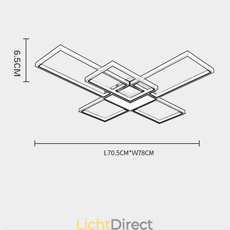 Minimalistische inbouwplafondlamp met vijf vierkante lampen, traploos dimbaar met afstandsbediening, 92W