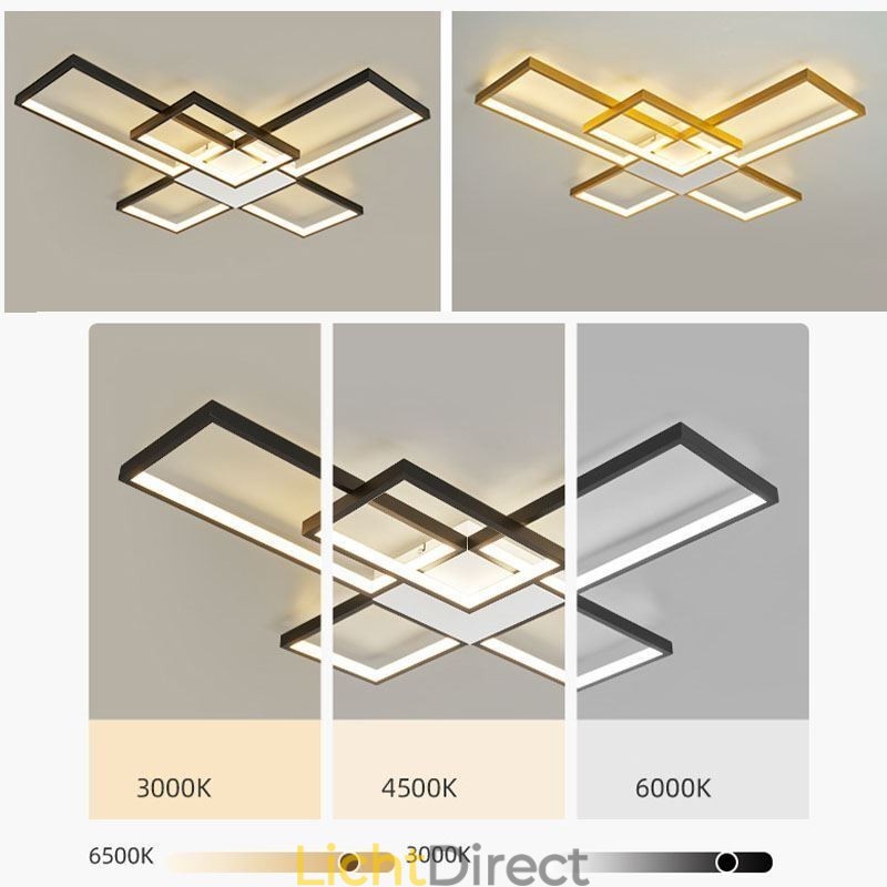 Minimalistische inbouwplafondlamp met vijf vierkante lampen, traploos dimbaar met afstandsbediening, 92W