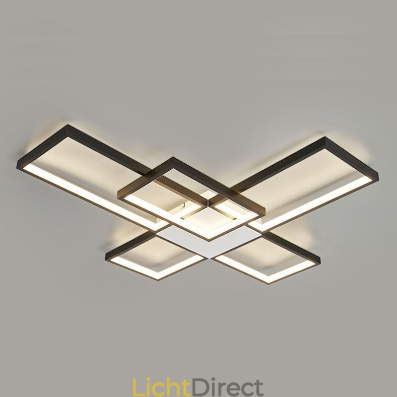 Minimalistische inbouwplafondlamp met vijf vierkante lampen, traploos dimbaar met afstandsbediening, 92W