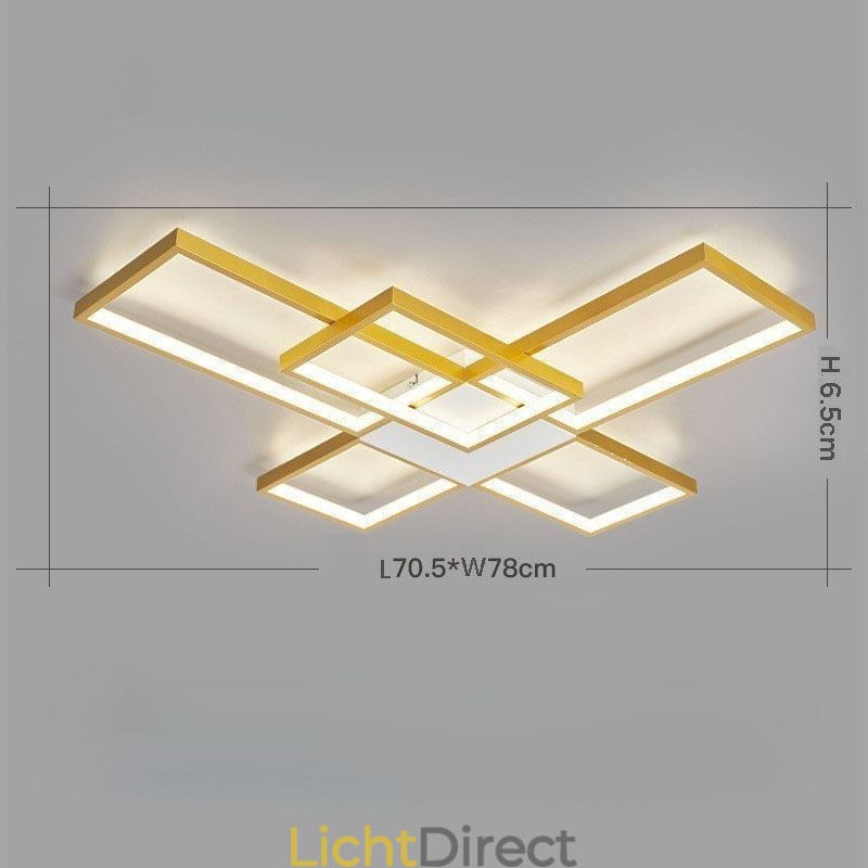Minimalistische inbouwplafondlamp met vijf vierkante lampen, traploos dimbaar met afstandsbediening, 92W