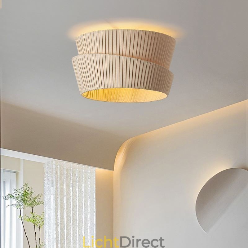 Wabi Sabi plafondlamp met dubbele laag stoffen kap in Franse crèmestijl