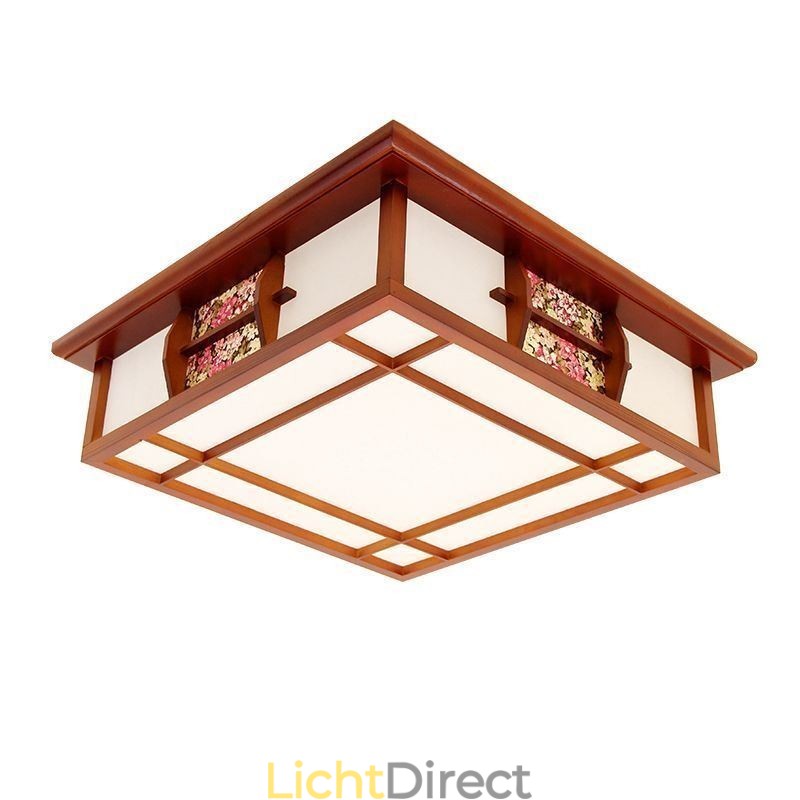 Retro houten plafondlamp met vierkante inbouw