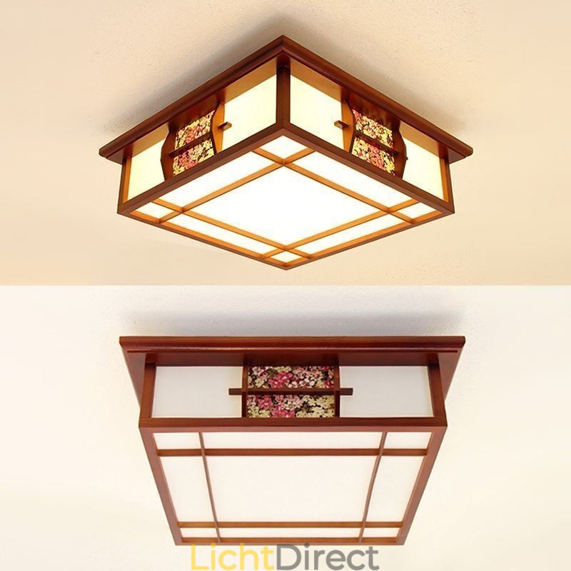 Retro houten plafondlamp met vierkante inbouw