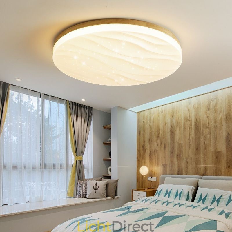 Japanse houten plafondlamp, ronde gegolfde plafondlamp van acryl