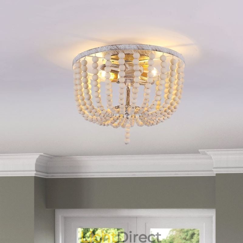Boerderijhouten plafondlamp met kralen, 3 lampen