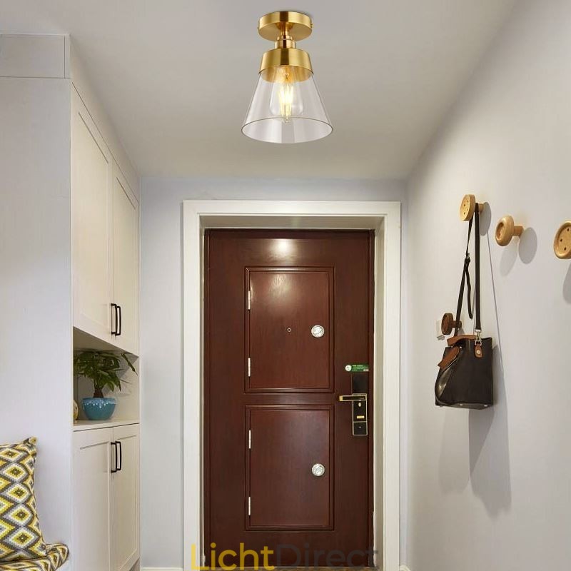 Moderne glazen plafondlamp met 1 lamp, messing afwerking