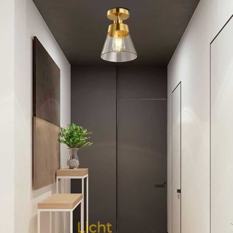 Moderne glazen plafondlamp met 1 lamp, messing afwerking