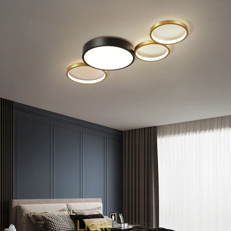 4 Ringen Plafondlamp Unieke Zwarte + Gouden Lampenkap Verlichting