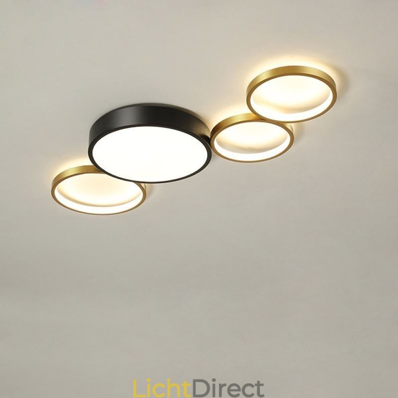 4 Ringen Plafondlamp Unieke Zwarte + Gouden Lampenkap Verlichting