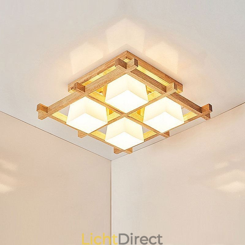 Nordic Square Grid Flush Mount Plafondlamp Rubberhoutlamp