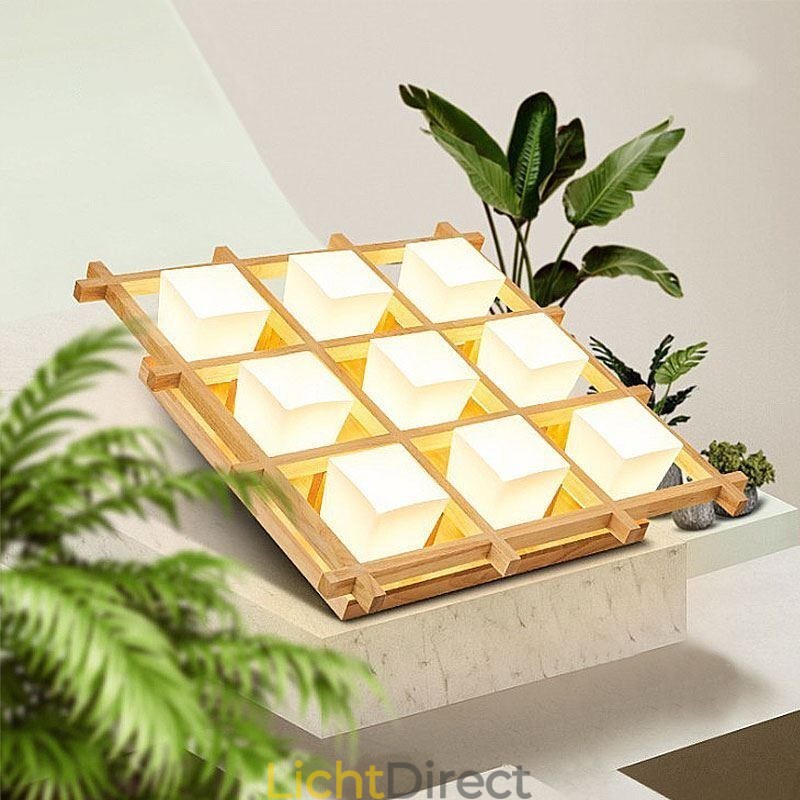Nordic Square Grid Flush Mount Plafondlamp Rubberhoutlamp