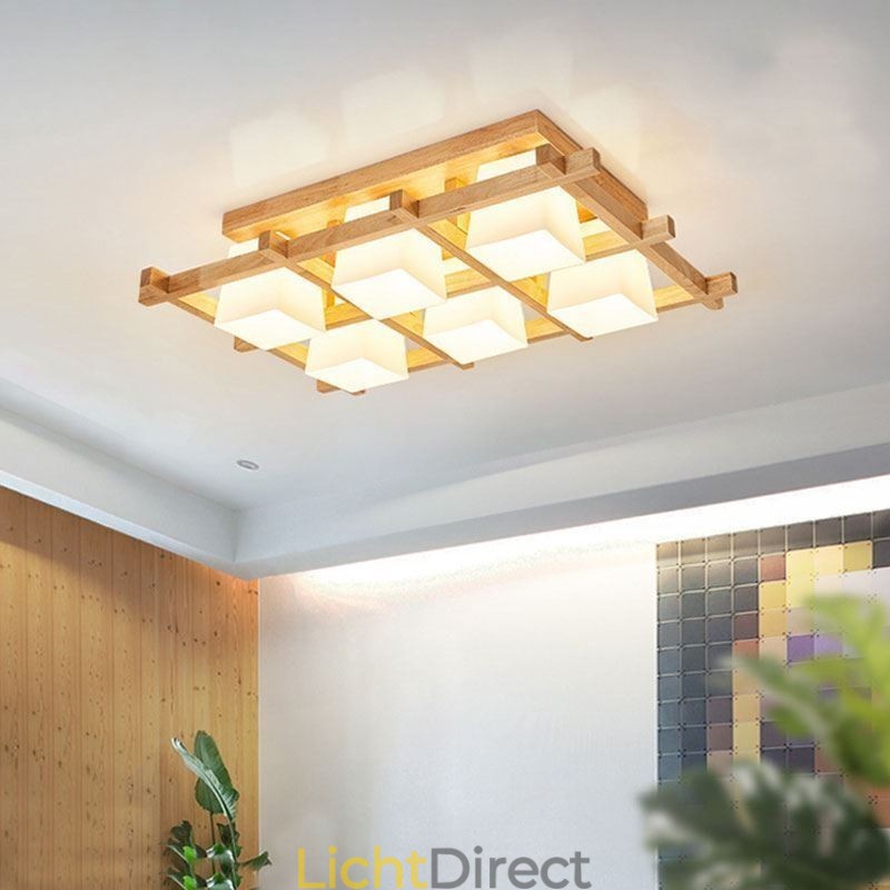 Nordic Square Grid Flush Mount Plafondlamp Rubberhoutlamp