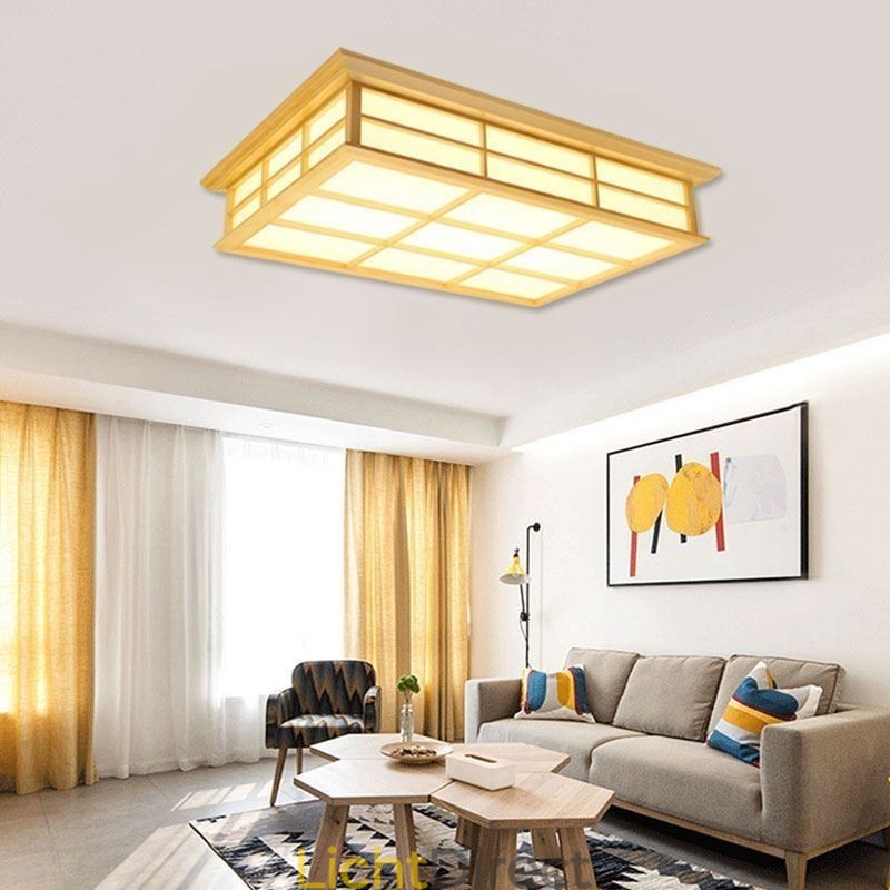 Japanse kubusvormige plafondlamp, massief houten plafondverlichting