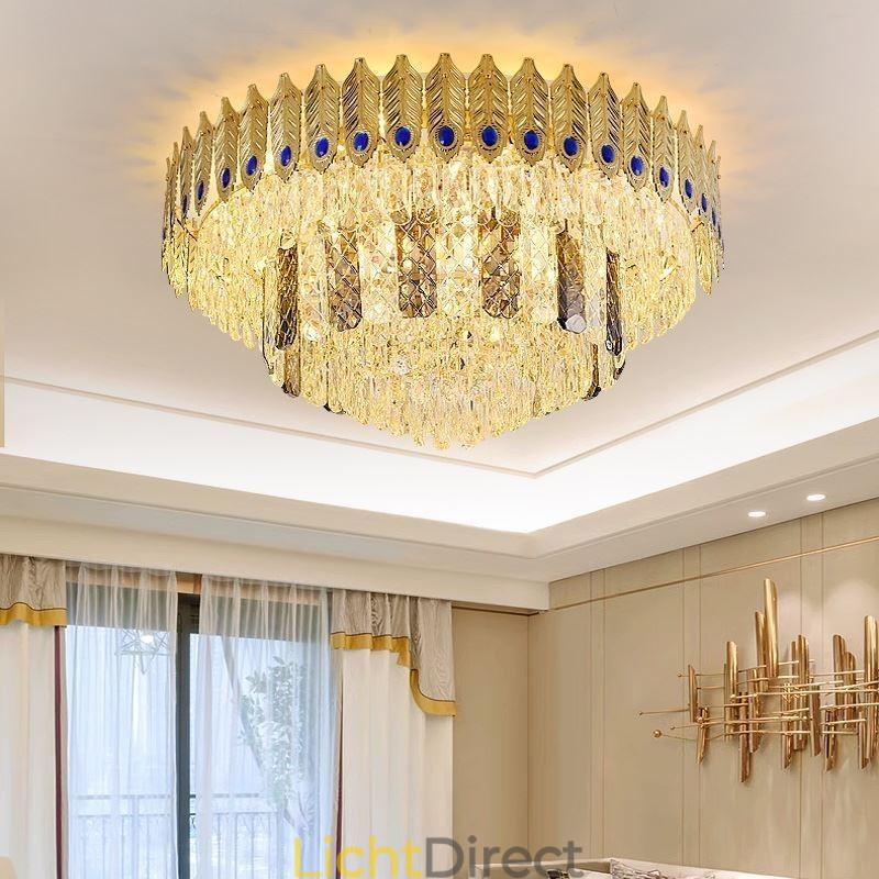 Kristallen plafondlamp met ronde, gegalvaniseerde Phoenix Tail-gouden luxe decoratieve plafondlamp