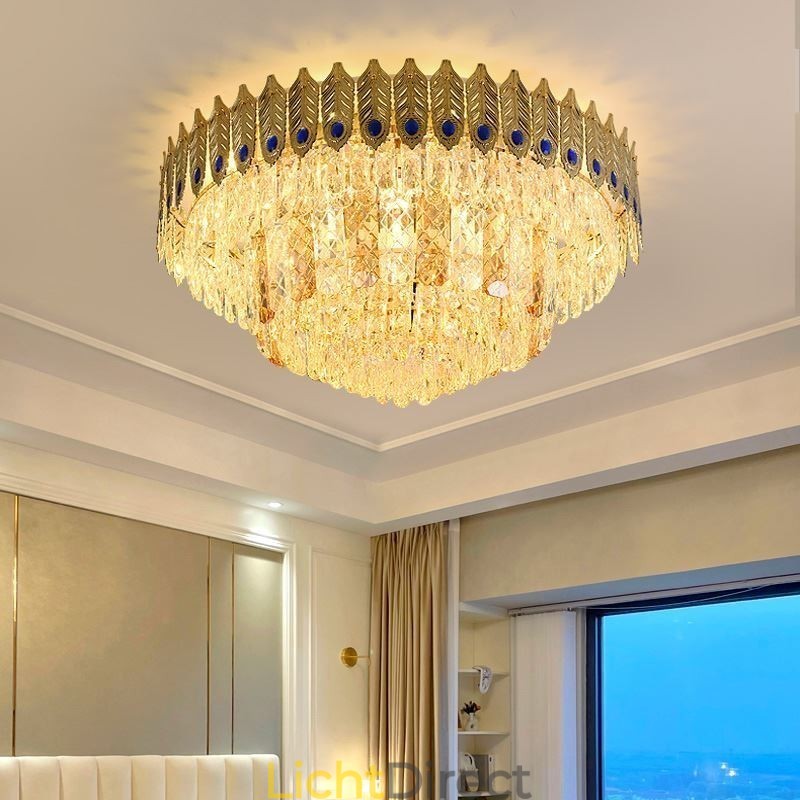 Kristallen plafondlamp met ronde, gegalvaniseerde Phoenix Tail-gouden luxe decoratieve plafondlamp