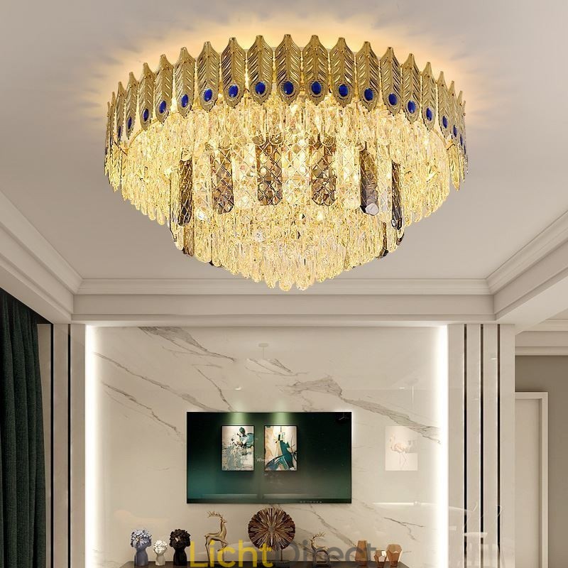 Kristallen plafondlamp met ronde, gegalvaniseerde Phoenix Tail-gouden luxe decoratieve plafondlamp