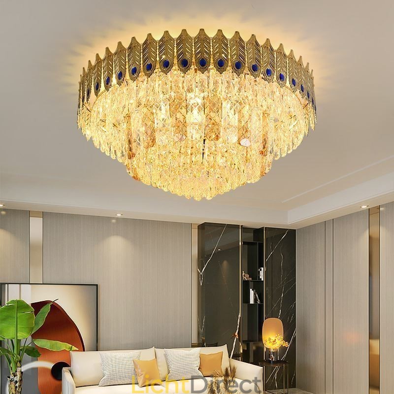 Kristallen plafondlamp met ronde, gegalvaniseerde Phoenix Tail-gouden luxe decoratieve plafondlamp