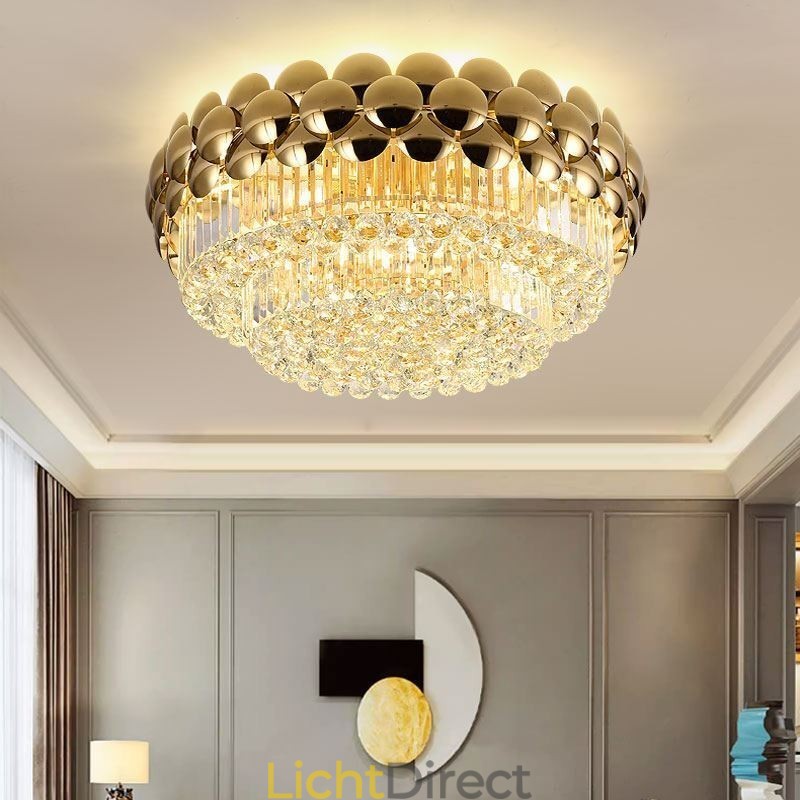Kristallen plafondlamp in de vorm van een ronde, gegalvaniseerde gouden luxe decoratieve lamp van 80 cm