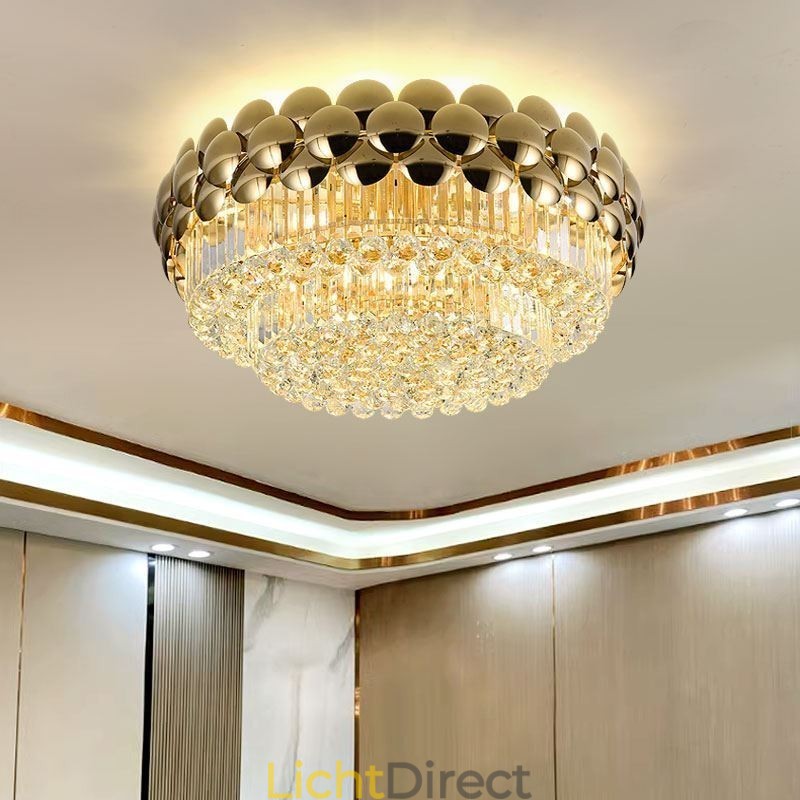 Kristallen plafondlamp in de vorm van een ronde, gegalvaniseerde gouden luxe decoratieve lamp van 80 cm
