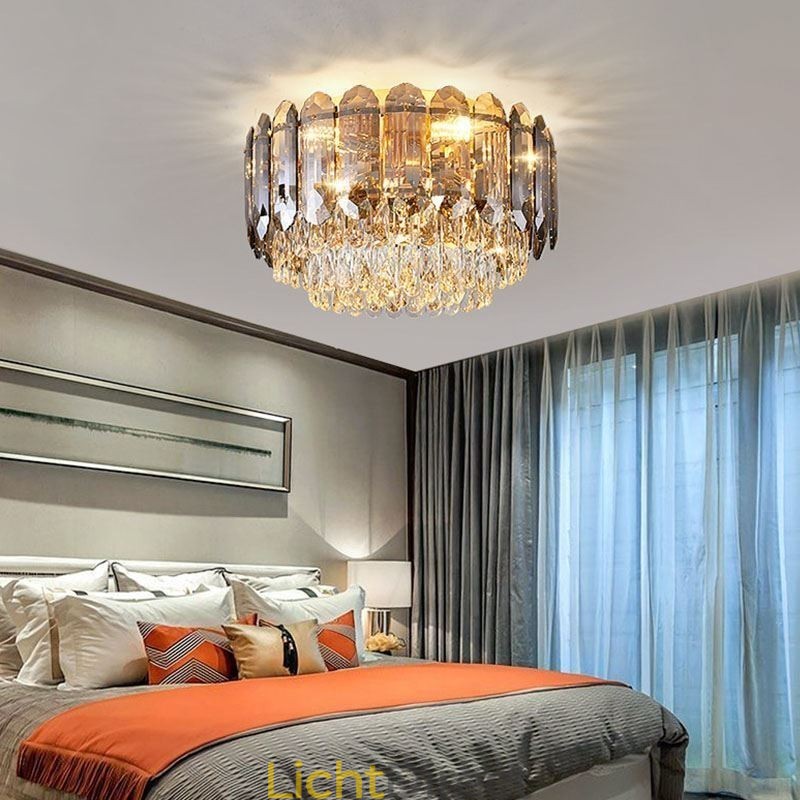 Kristallen plafondlamp in rookgrijze uitvoering, ronde kristallen decoratie