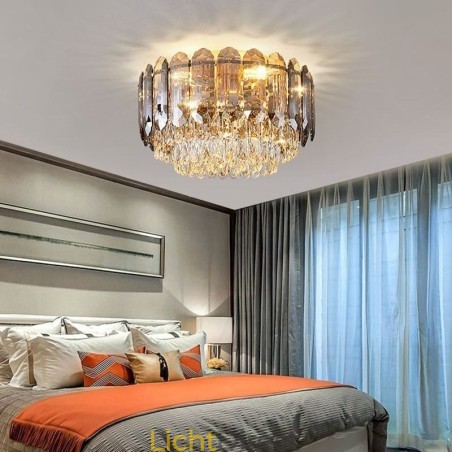 Kristallen plafondlamp in rookgrijze uitvoering, ronde kristallen decoratie