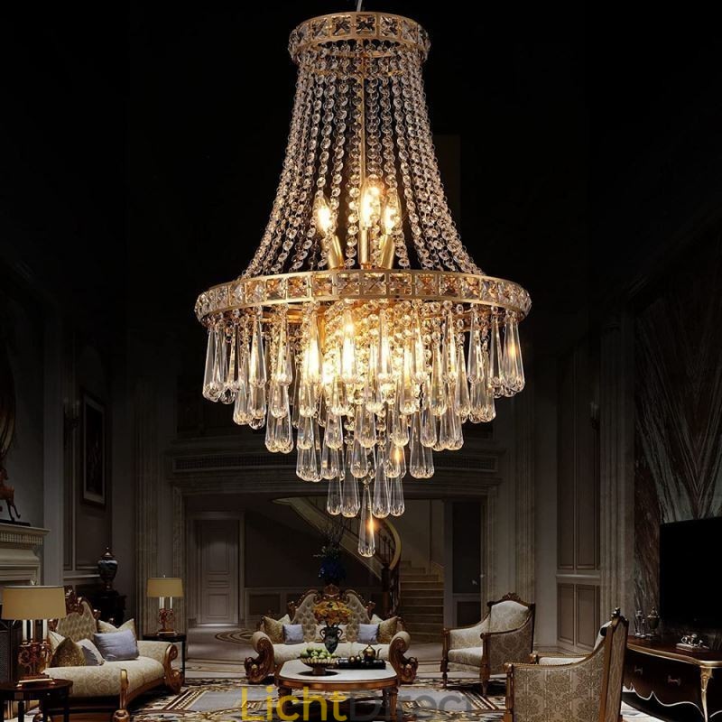 Moderne kristallen kroonluchter, eigentijdse elegante plafondlamp, duplex trap