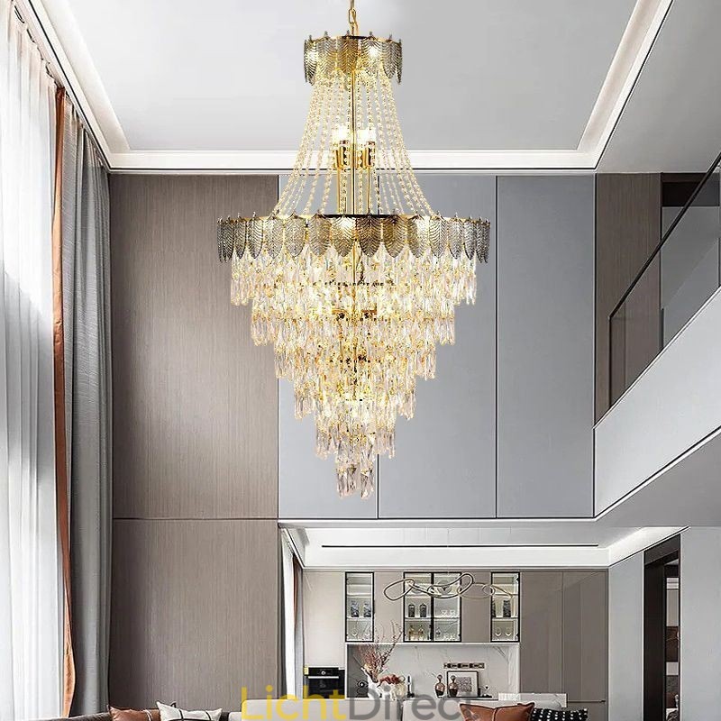 Taps toelopende kristallen hanglamp, opvallende decoratieve plafondlamp in duplexvorm