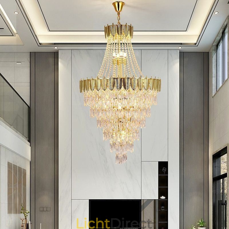 Taps toelopende kristallen hanglamp, opvallende decoratieve plafondlamp in duplexvorm