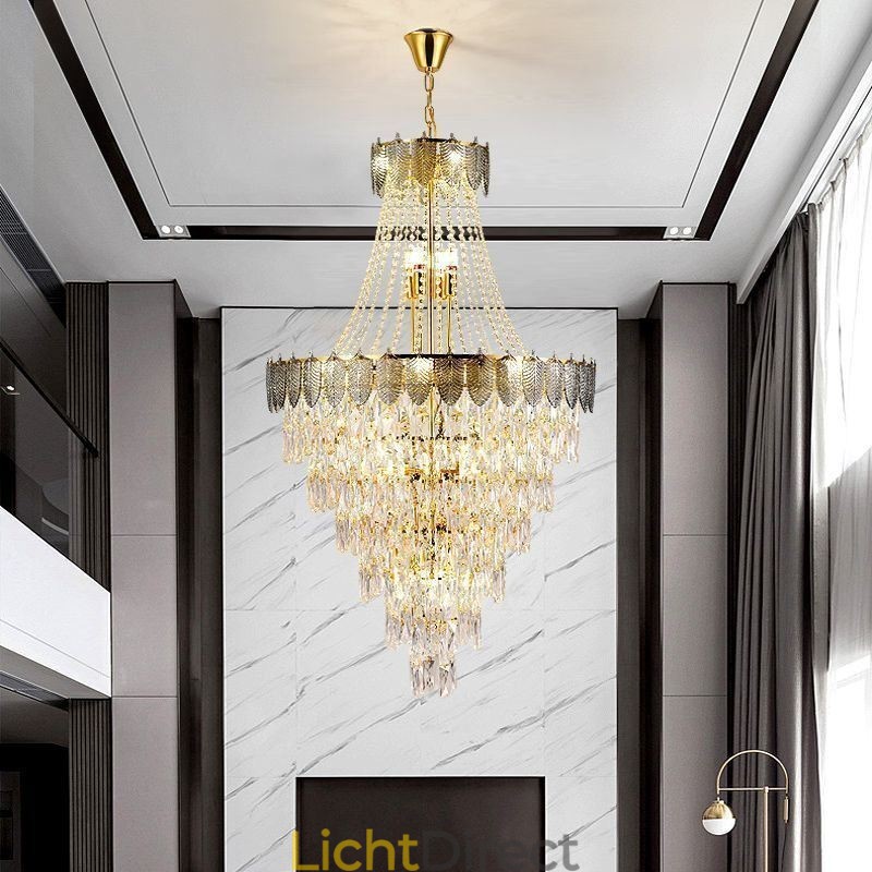 Taps toelopende kristallen hanglamp, opvallende decoratieve plafondlamp in duplexvorm