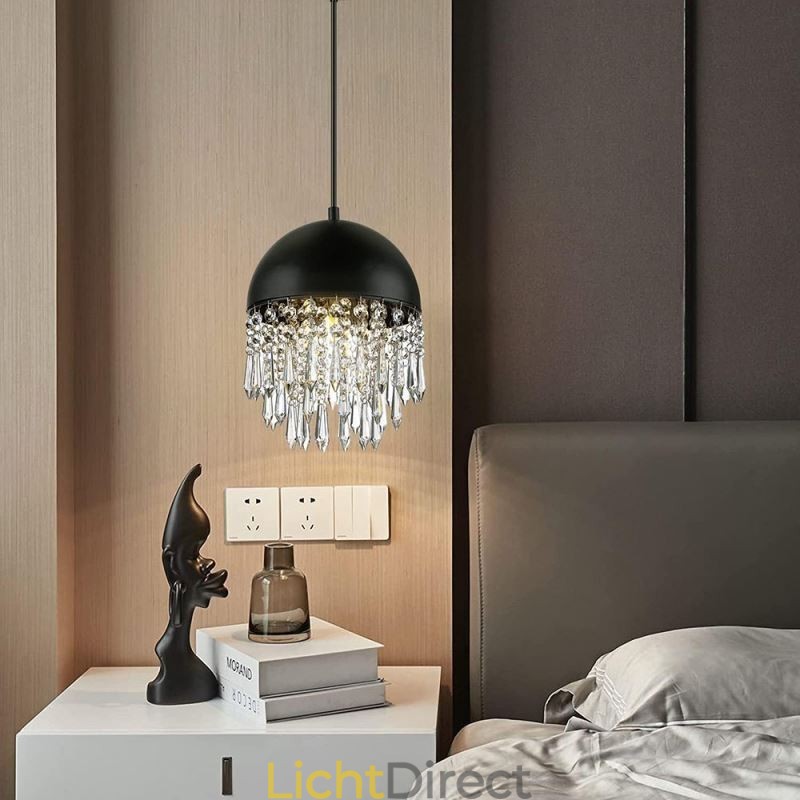 Kristallen hanglamp met kwastje, zwarte deksel, lampenkap