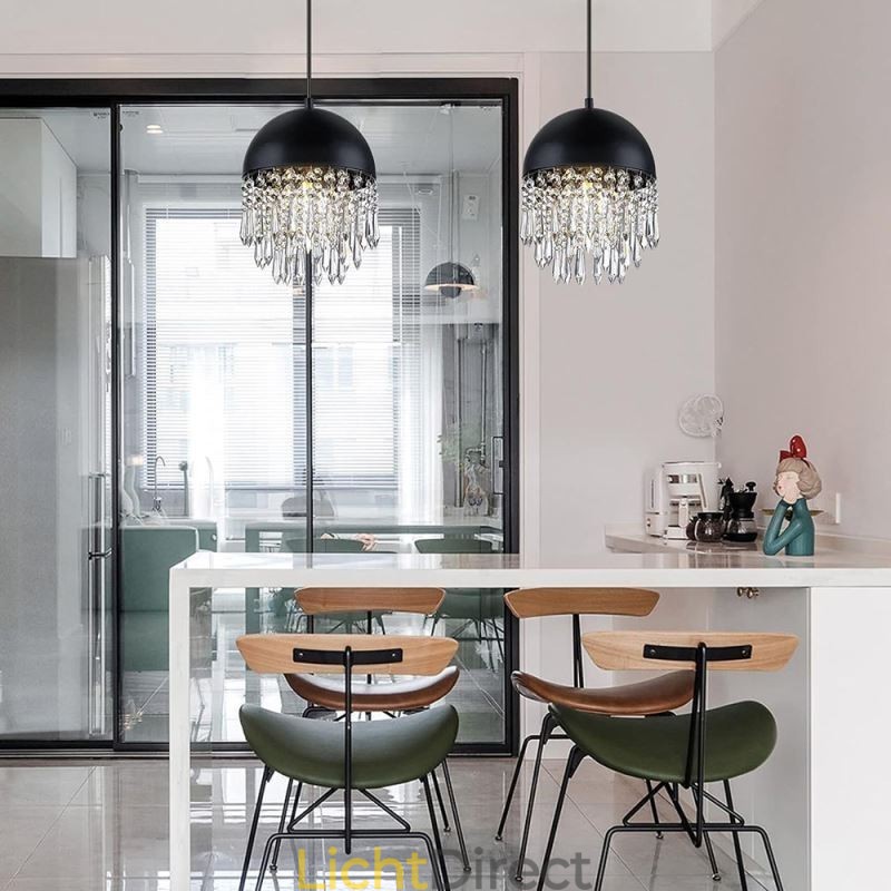 Kristallen hanglamp met kwastje, zwarte deksel, lampenkap