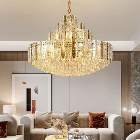 Kristallen hanglamp 4e verdieping Luxe decoratieve plafondlamp met gouden holle ijzeren plaat Kristallen hanglamp 4e verdieping Luxe decoratieve plafondlamp met gouden holle ijzeren plaat