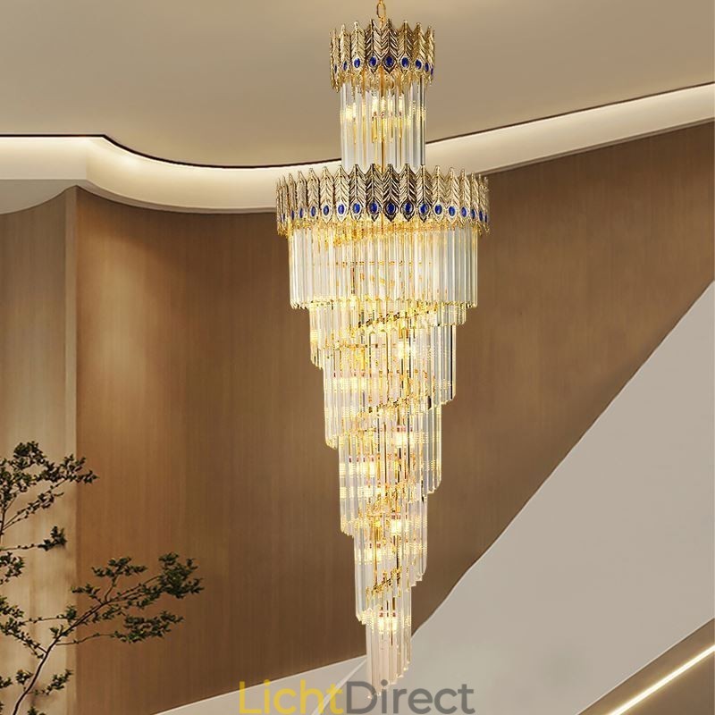 Gouden kristallen hanglamp, gegalvaniseerde gouden Phoenix staartlampenkap, plafondlamp