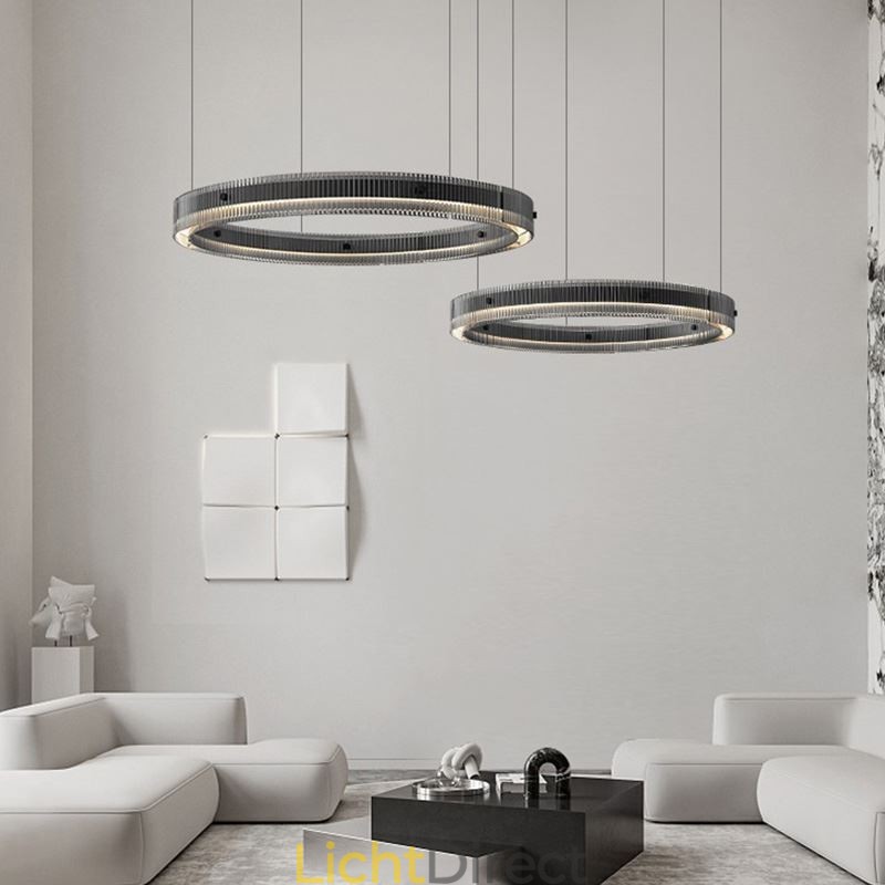 Hanglamp 60+80CM Dubbele Cirkel Glazen Plafondlamp Traploos Dimbaar Met Afstandsbediening