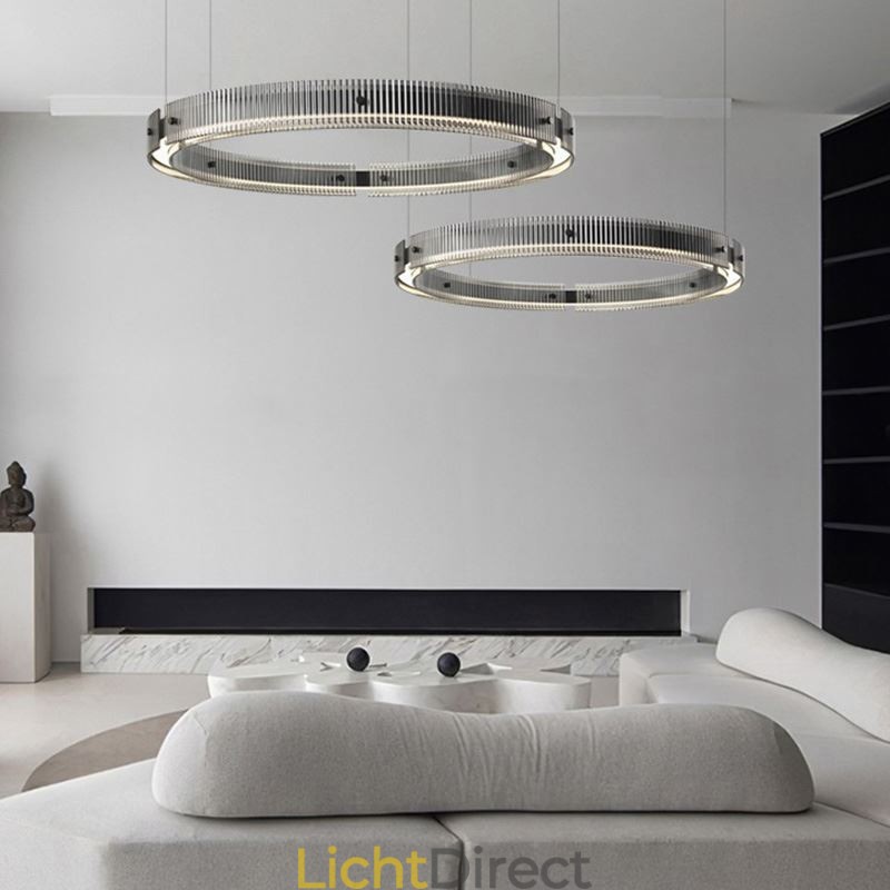 Hanglamp 60+80CM Dubbele Cirkel Glazen Plafondlamp Traploos Dimbaar Met Afstandsbediening