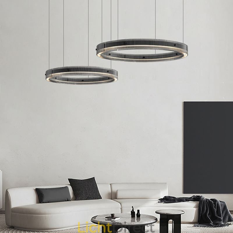 Hanglamp 60+80CM Dubbele Cirkel Glazen Plafondlamp Traploos Dimbaar Met Afstandsbediening