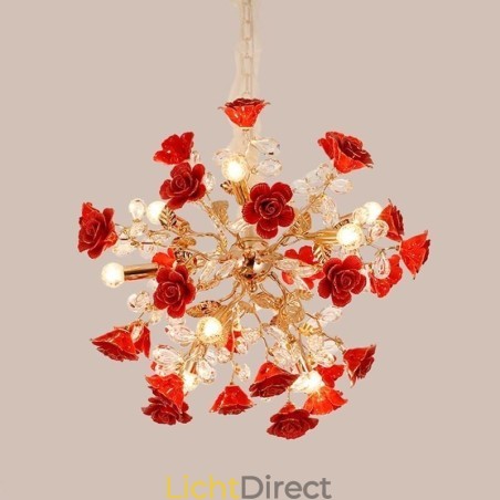 Luxe hanglamp van keramiek met rode bloemenkroonluchter