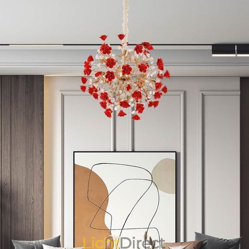 Luxe hanglamp van keramiek met rode bloemenkroonluchter