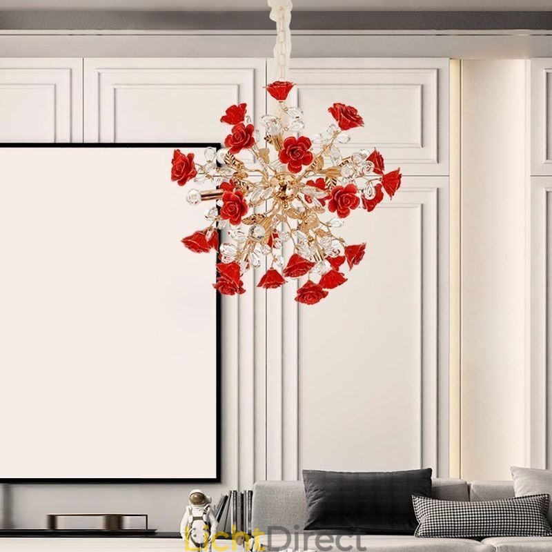 Luxe hanglamp van keramiek met rode bloemenkroonluchter