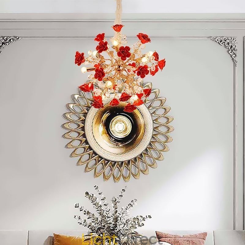 Luxe hanglamp van keramiek met rode bloemenkroonluchter